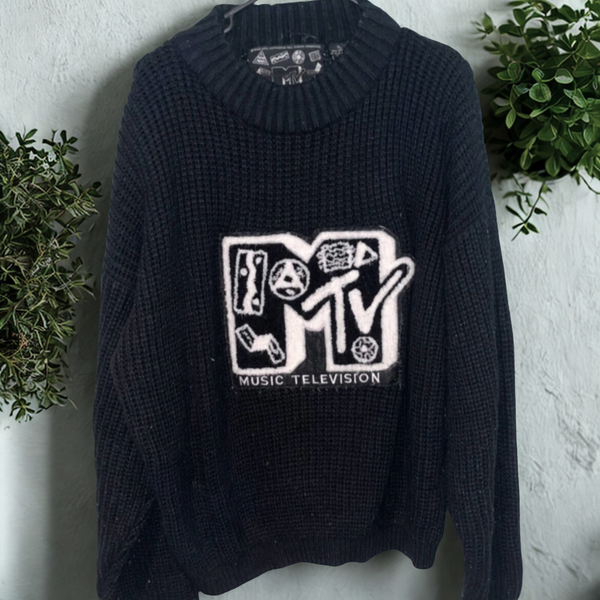 MTV Sweater Cable Knit 1989 Music Grunge Vintage Black Sz. XL