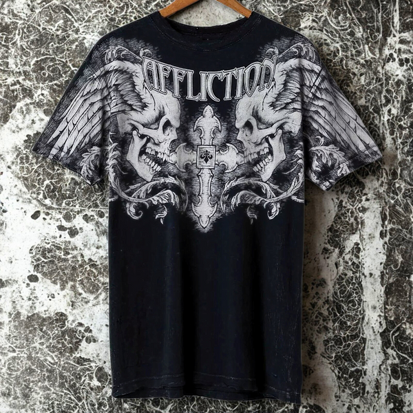Affliction Gothic Cross Winged UP Skull T-Shirt Sz. XL Y2K Distressed UFC