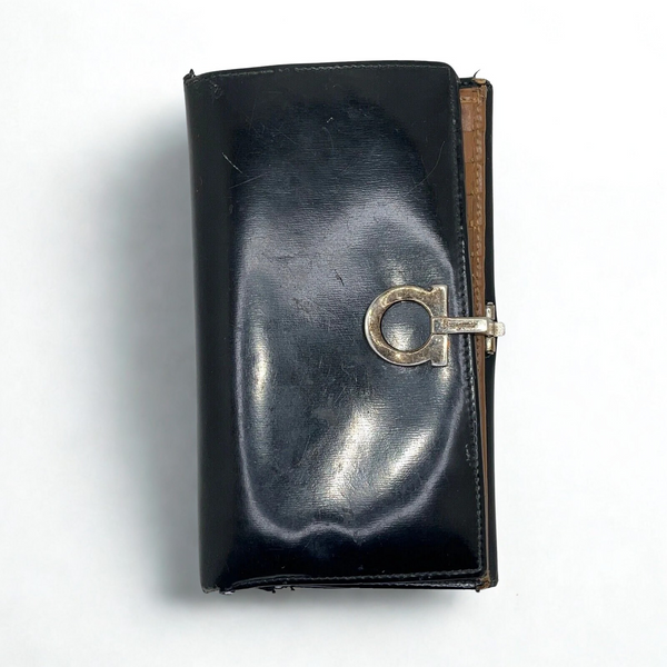 Salvatore Ferragamo Wallet Ganchini Black Brown Silver Woman Authentic Used
