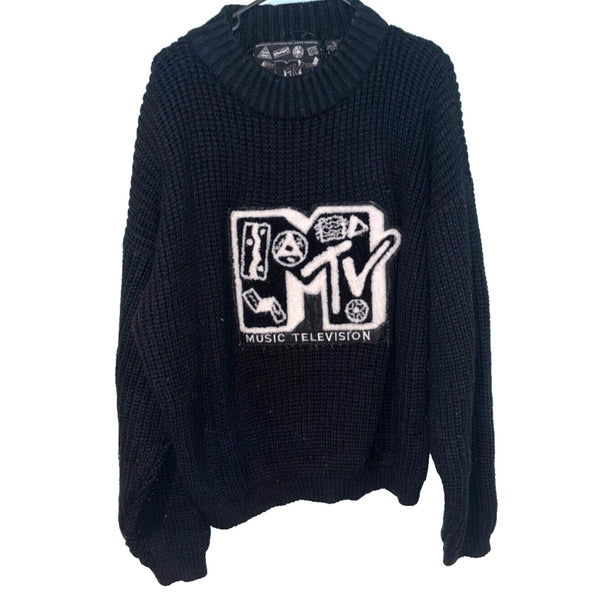 MTV Sweater Cable Knit 1989 Music Grunge Vintage Black Sz. XL