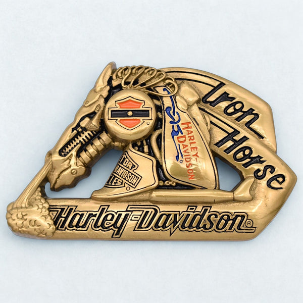 Harley Davidson Iron Horse Brass Belt Buckle Belt 1992 Baron Vintage Leather
