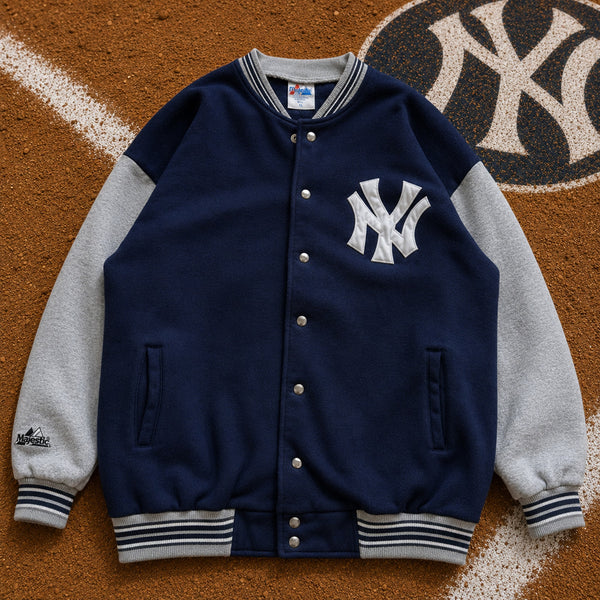 New York Yankees Majestic MLB Button Down Bomber Jacket Men XL USA Vintage 90s