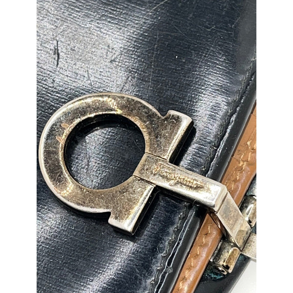 Salvatore Ferragamo Gancini Wallet Black Leather Silver Hardware Italy