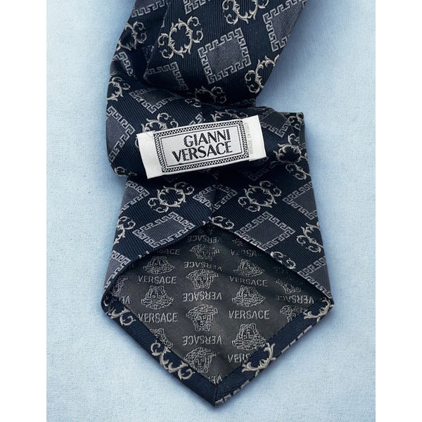 Gianni Versace Silk Tie Baroque Geometric Navy Gold Italy Vintage Medusa Luxury