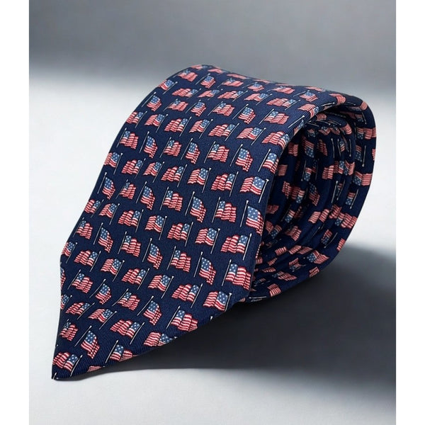 Salvatore Ferragamo Silk Tie USA Flag Patriotic Navy Made Italy Luxury Vintage