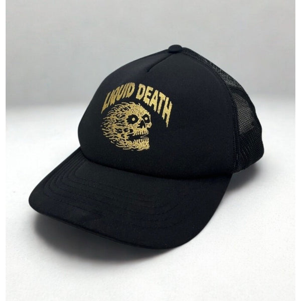 Liquid Death Black Mesh Trucker Snapback Gold Skull Logo NWOT