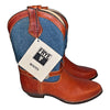 Frye Cowboy Boots Denim Brown Leather Silver Buckles Vintage Sz 8 RARE Deadstock