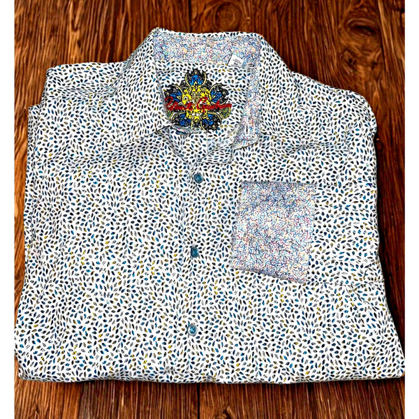 Robert Graham Shirt M Falling Leaves Flip Cuff Allover Print Cotton EUC