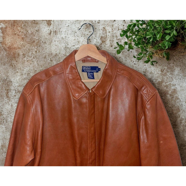 Polo Ralph Lauren A-2 Brown Leather Bomber Jacket Sz L Vintage EUC