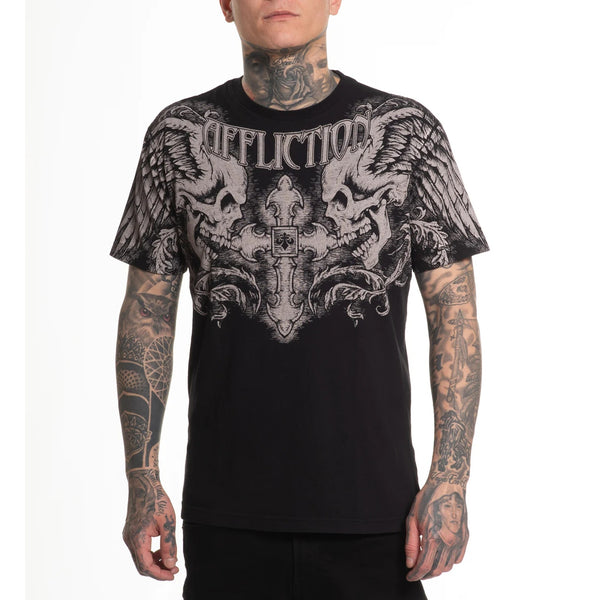 Affliction Gothic Cross Winged UP Skull T-Shirt Sz. XL Y2K Distressed UFC