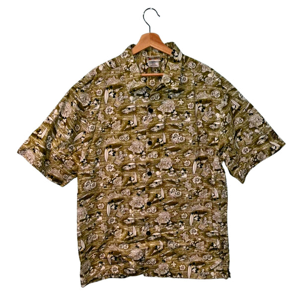 Walt Disney World Hawaiian Camp Shirt Mickey Donald Surfing Floral Tiki Mens L
