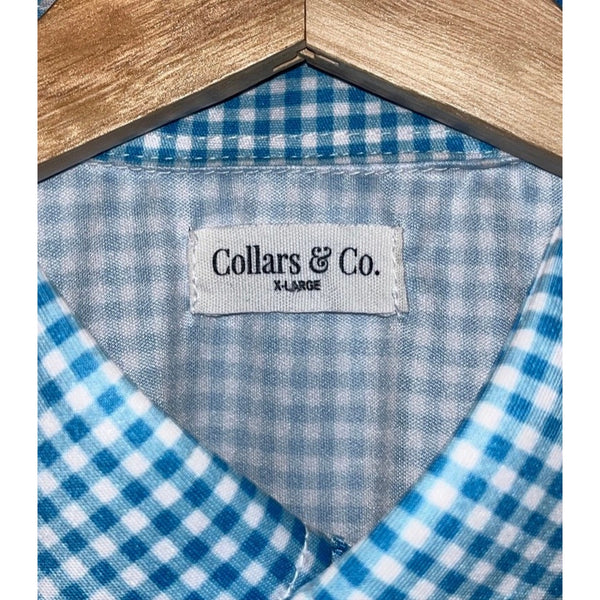 Collars & Co XL Blue Gingham Performance Polo Dress Collar Golf Shirt EUC
