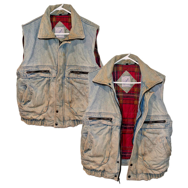 Vtg 90s Streetwear Mens L Distressed Flannel Lined Acid Wash Denim Vest Jacket