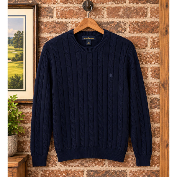 Brooks Brothers Navy Blue Cable Knit Cotton Crewneck Sweater Men's XL NWT $108
