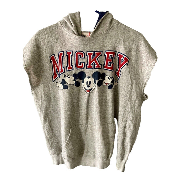 Disney Mickey Mouse Light Gray Sleeveless Hoodie L Made in USA 90s