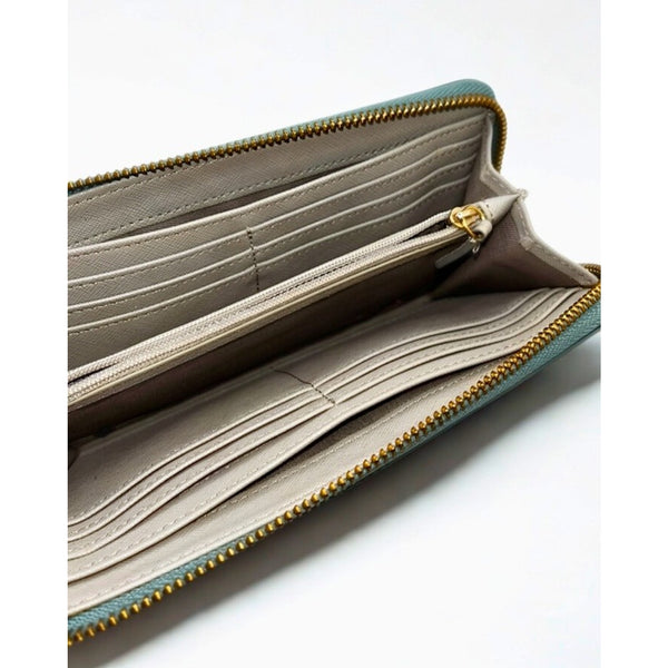 Fossil Zip Around Pebbled Leather Wallet Mint Green Gold Hardware Clutch