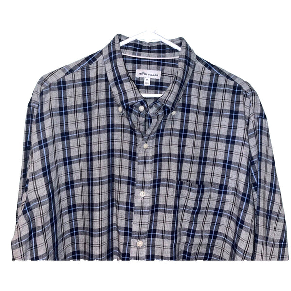 Peter Millar Gray Plaid Button Down Shirt XL Mountainside Beach Check Cotton