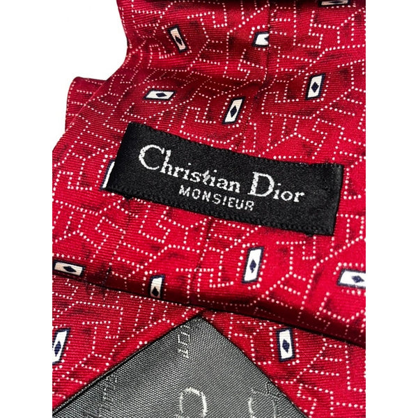 Christian Dior Monsieur Geometric Red Silk Tie Made in USA Fabric VTG