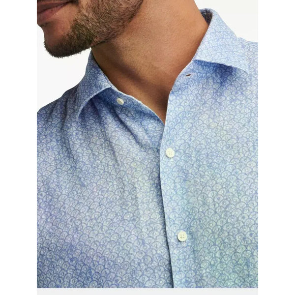 Peter Millar Blue Fan Print Short Sleeve Button Shirt XL NWOT MSRP $155