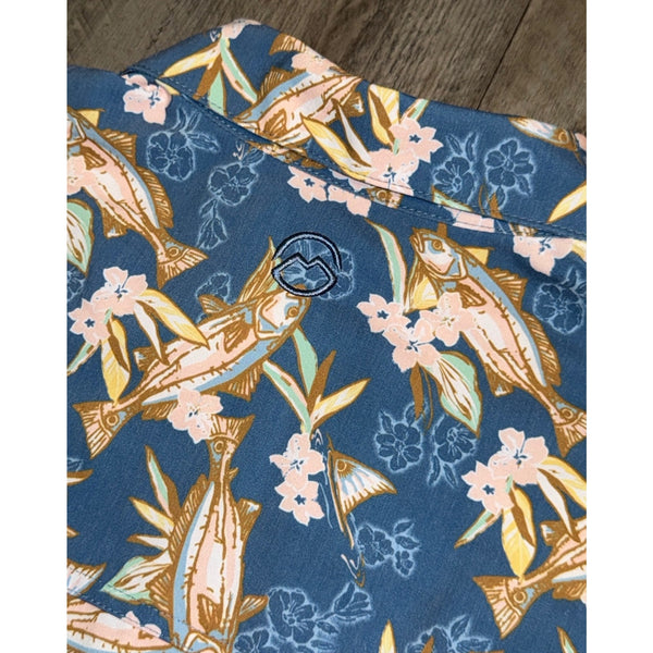 Magellan Shore & Line Fishing Shirt S Blue Fish Floral Short Sleeve NWOT
