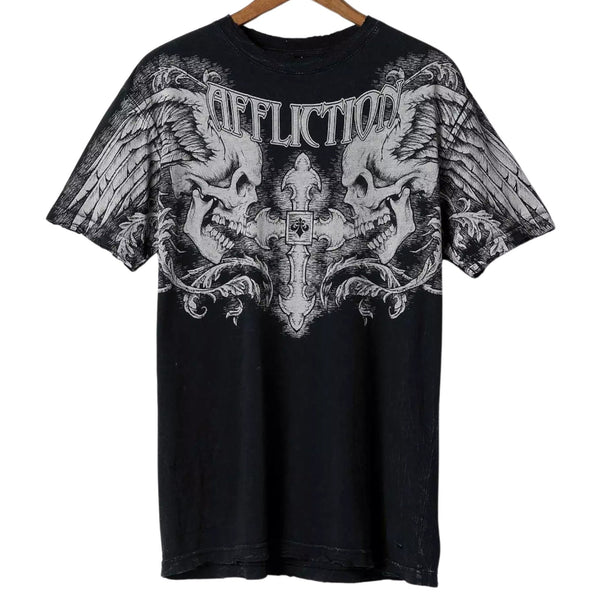 Affliction Gothic Cross Winged UP Skull T-Shirt Sz. XL Y2K Distressed UFC