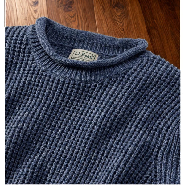 L.L. Bean Organic Cotton Fisherman Sweater 2XL Blue Roll Neck Waffle Knit NWT