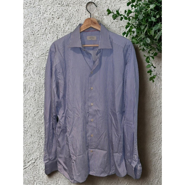 ETON Slim Fit Dress Shirt 17 43 Blue White Stripe Spread Collar Luxury Cotton