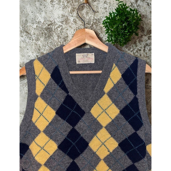 Lord Jeff Argyle Shetland Wool Sweater Vest USA Made Mens M Vintage 80s