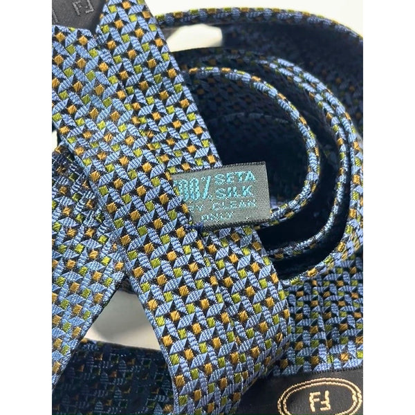 Fendi Roma Silk Tie Handmade Italy Blue Gold Geometric Pattern Luxury Designer