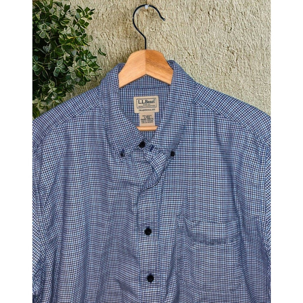 LL Bean Mens Large Blue Houndstooth Check Flannel Button Down Shirt Pocket
