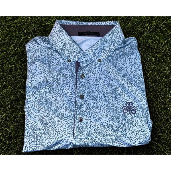 Greyson Erin Hills Den of Thieves Golf Polo Shirt XL Blue Dragon Print Stretch
