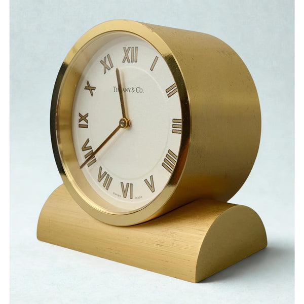 Tiffany & Co Swiss Quartz Brass Desk Clock Roman Numerals Gold Tone Switzerland