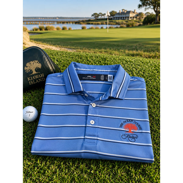 The Ocean Course Kiawah RLX Ralph Lauren Polo Men's L Blue Stripe Stretch Golf