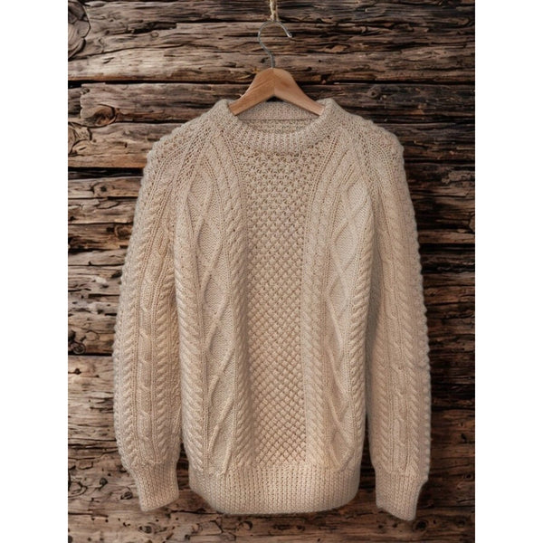Aran Irish Wool Sweater Mens L Fisherman Cable Knit Chunky Cream Handmade