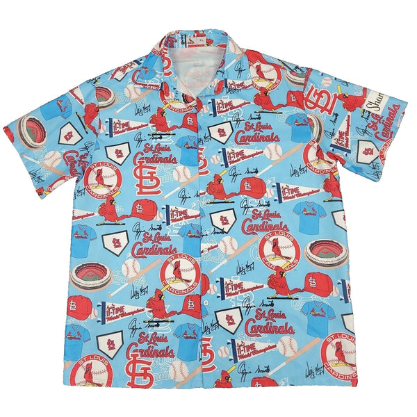 St Lous Cardinals Shirt Mens XL Blue Hawaiian Aloha All Over Print Logo Camp