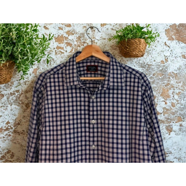 UNTUCKit Egrivin Slim Fit Long Sleeve Check Shirt Size L Navy Tan Plaid