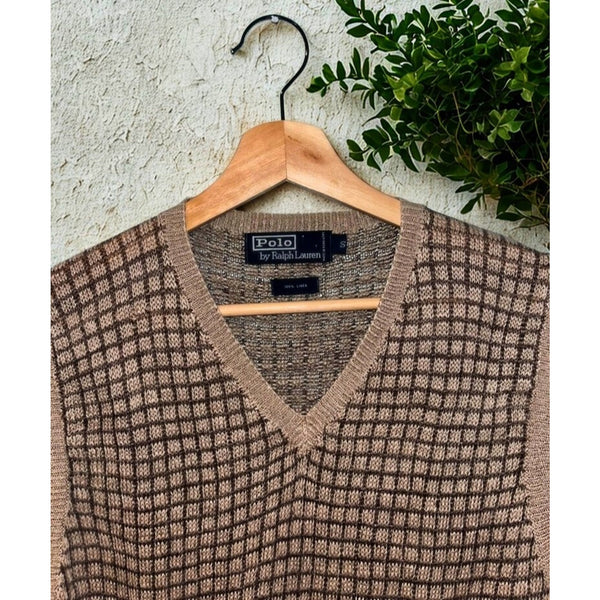 Polo Ralph Lauren Linen Sweater Vest Tan Brown Checkered Knit Men’s Size S