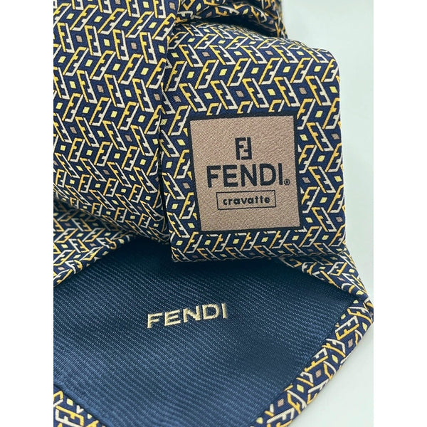 Fendi Cravatte Vintage Silk Tie Navy Gold All Over FF Logo Made in Italy EUC