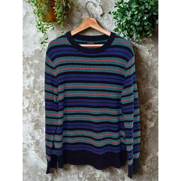 J.Crew Lambswool Crewneck Sweater Men’s Large Tartan Stripe Knit Pullover