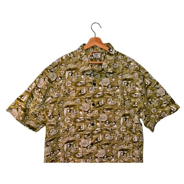 Walt Disney World Hawaiian Camp Shirt Mickey Donald Surfing Floral Tiki Mens L