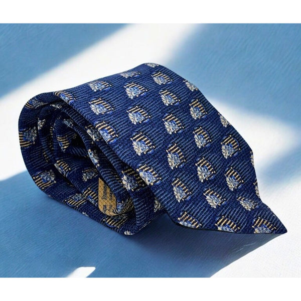 Ermenegildo Zegna 100% Silk Tie Navy Blue Diamond Medallion Italy Luxury
