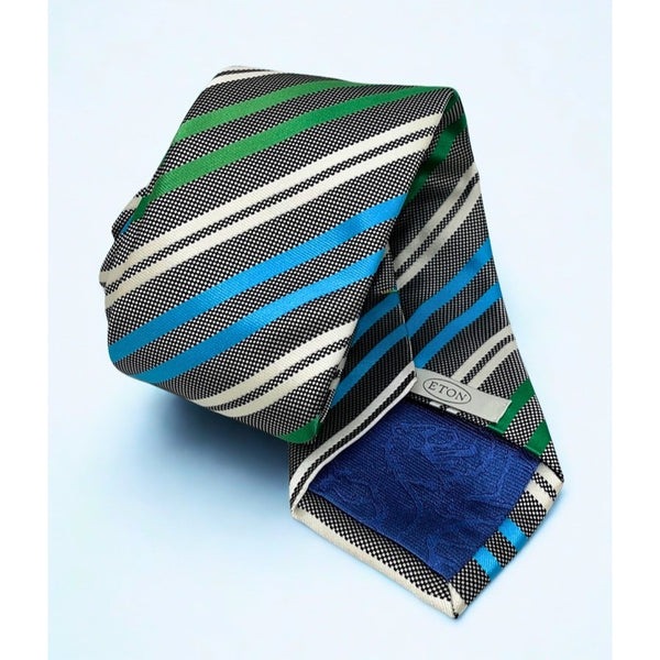 Eton Silk Neck Tie Made in England Blue Green Black White Striped Luxury Tie