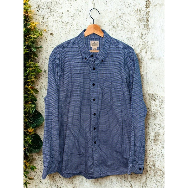LL Bean Mens Large Multi Blue Houndstooth Check Flannel Button Down Shirt Pocket