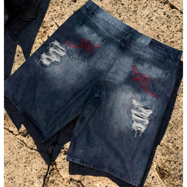 Rocawear Jorts W44 Black Jean Shorts Distressed Ripped Stitch Classic Fit VTG