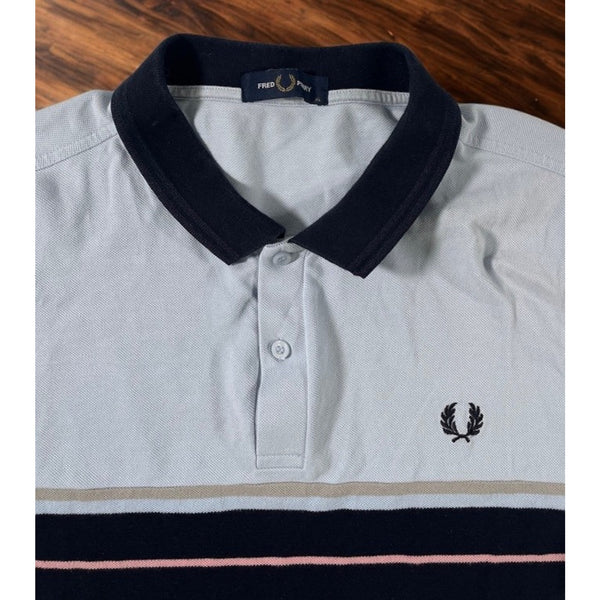 Fred Perry Polo Shirt Mens XL Blue Stripe Short Sleeve Collared Mod Casual