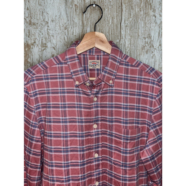 Faherty Coastline Knit Shirt Men's S River Rose Pink Blue Plaid Button Down EUC