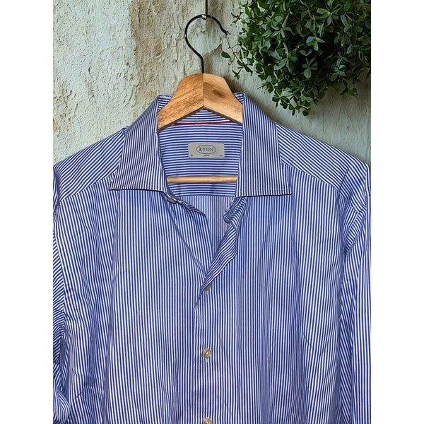 ETON Slim Fit Dress Shirt 17 43 Blue White Stripe Spread Collar Luxury Cotton