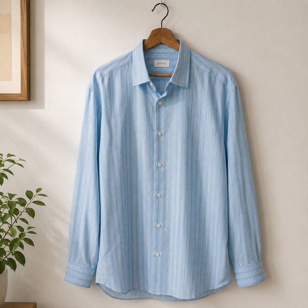 Brioni Mens XL Blue Striped Linen Cotton Button Down Shirt Made Italy Luxury