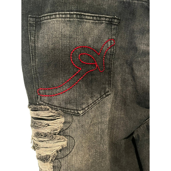 Rocawear Jorts W44 Black Jean Shorts Distressed Ripped Stitch Classic Fit VTG