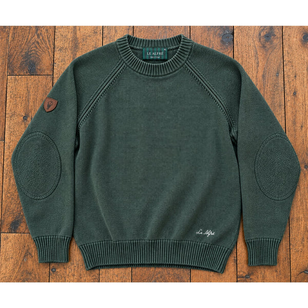 Le Alfré Crewneck Sweater Men's XL Hunter Green Cotton Elbow Patch Made Portugal
